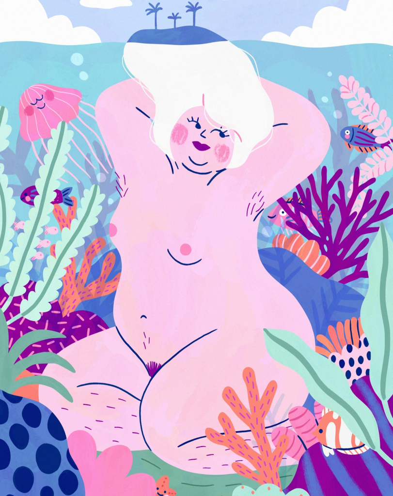 Illustration de Marie Boiseau intitulée Underwater : une femme nue, voluptueuse et détendue, immergée dans un décor sous-marin coloré