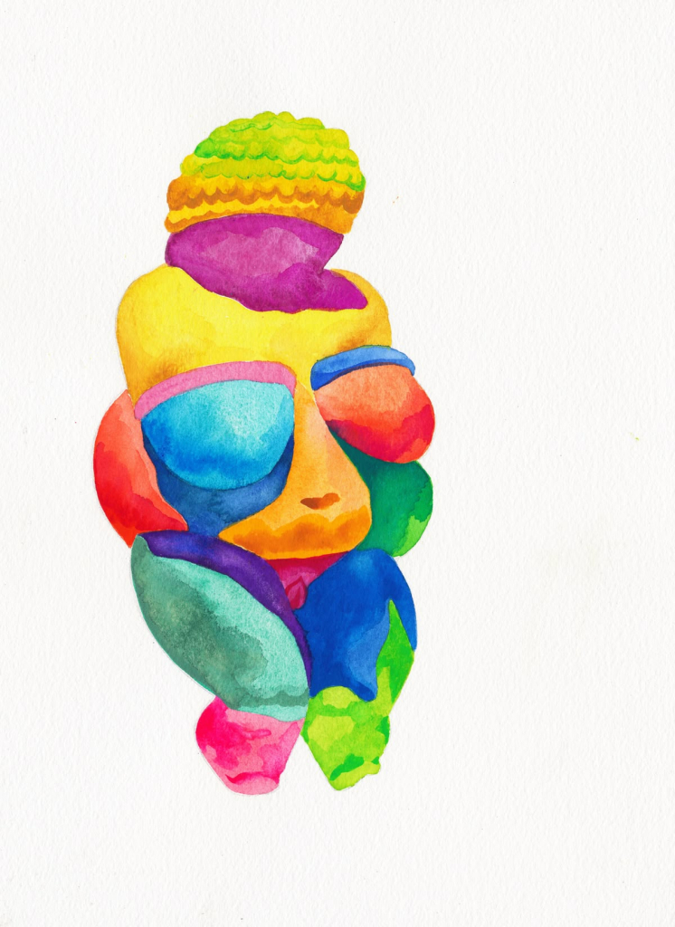 Vénus de Willendorf revisitée en couleurs arc-en-ciel, gouache et aquarelle par Rachel Rosenkoetter