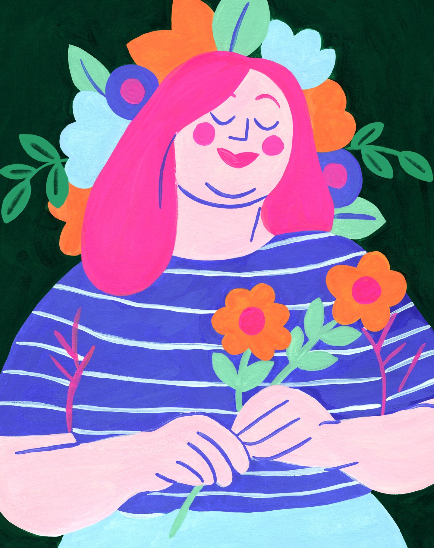 Illustration de Marie Boiseau représentant une femme aux cheveux roses, en marinière, tenant des fleurs, entourée d’un décor floral coloré.
