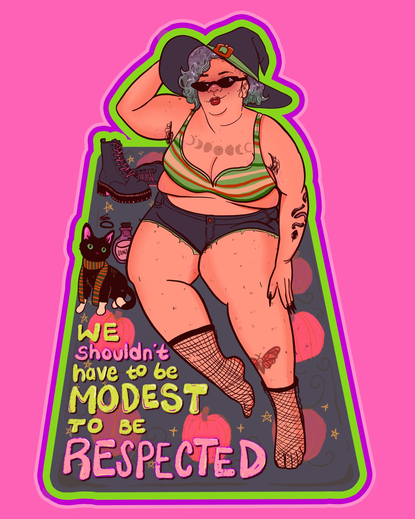 Illustration Liberal Jane, femme grosse style sorcière, texte : "On ne devrait pas avoir à être modeste pour être respecté·e".