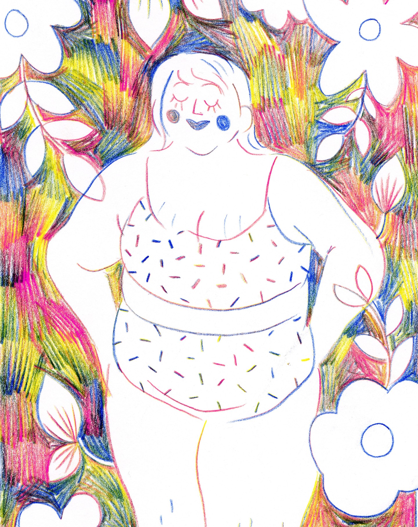 Illustration de Marie Boiseau représentant une femme souriante en sous-vêtements à motifs, entourée d’un décor floral coloré au crayon.