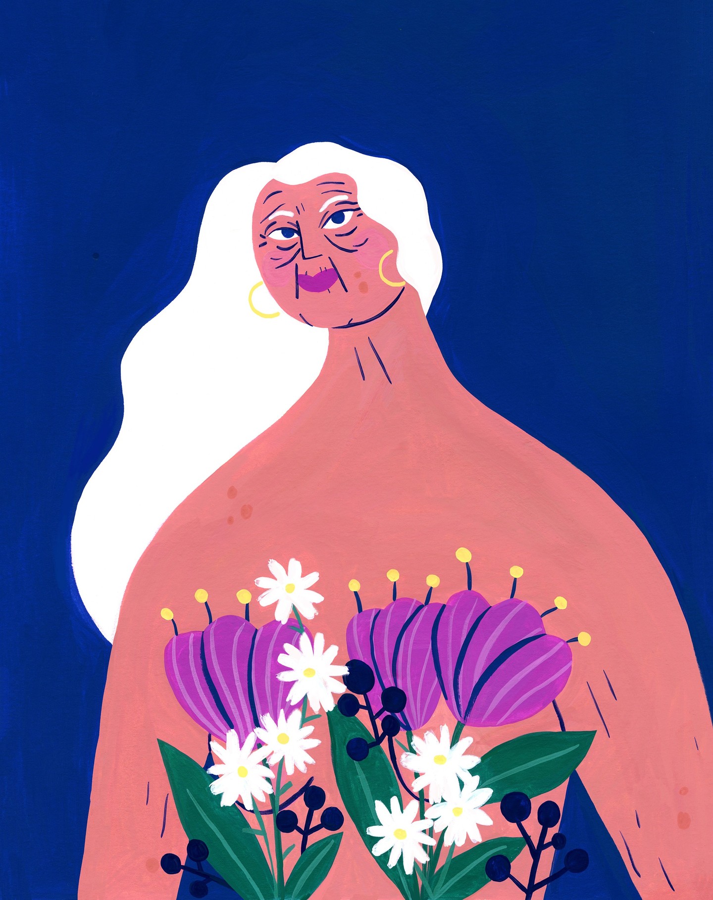Illustration de Marie Boiseau représentant une femme âgée aux cheveux blancs, portant des boucles d’oreilles dorées et tenant un bouquet de fleurs.