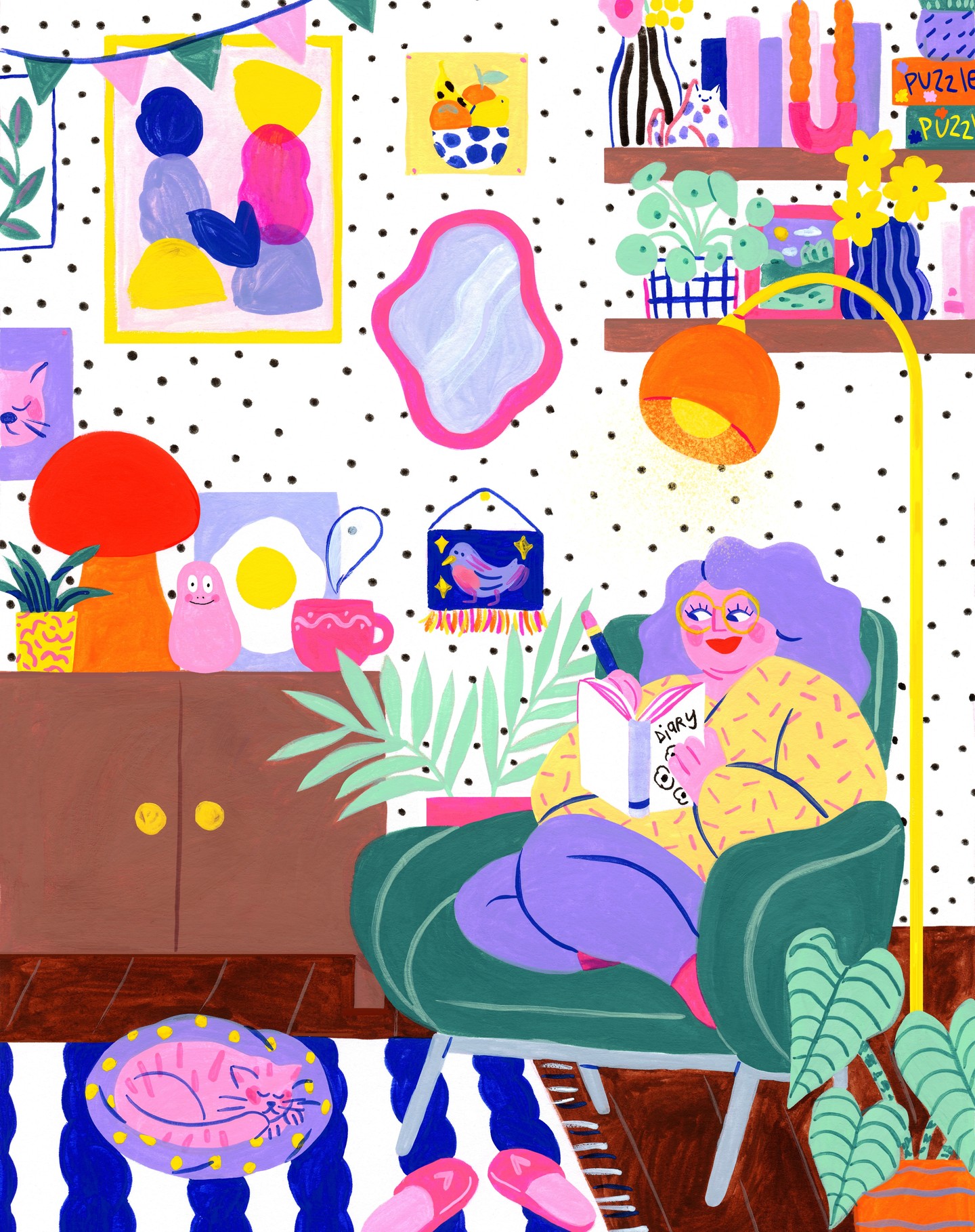Illustration de Marie Boiseau représentant une femme assise dans un salon coloré, lisant un journal, entourée de plantes et d’objets décoratifs.