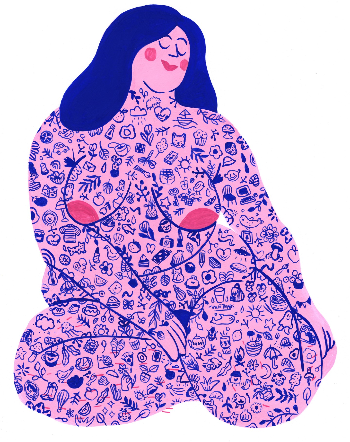 Illustration de Marie Boiseau représentant une femme assise, nue, recouverte de motifs illustrés en bleu sur un fond rose, dans un style détaillé et poétique