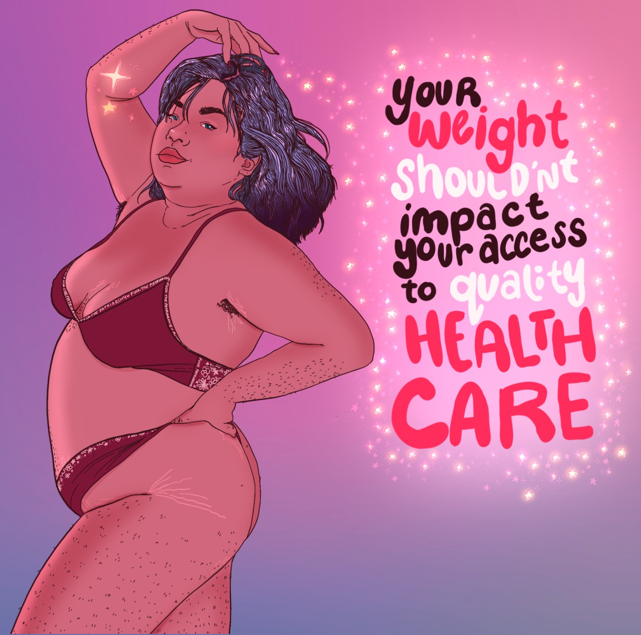 Illustration Liberal Jane, femme ronde en lingerie rouge, texte : "Ton poids ne devrait pas impacter ton accès à des soins de qualité".