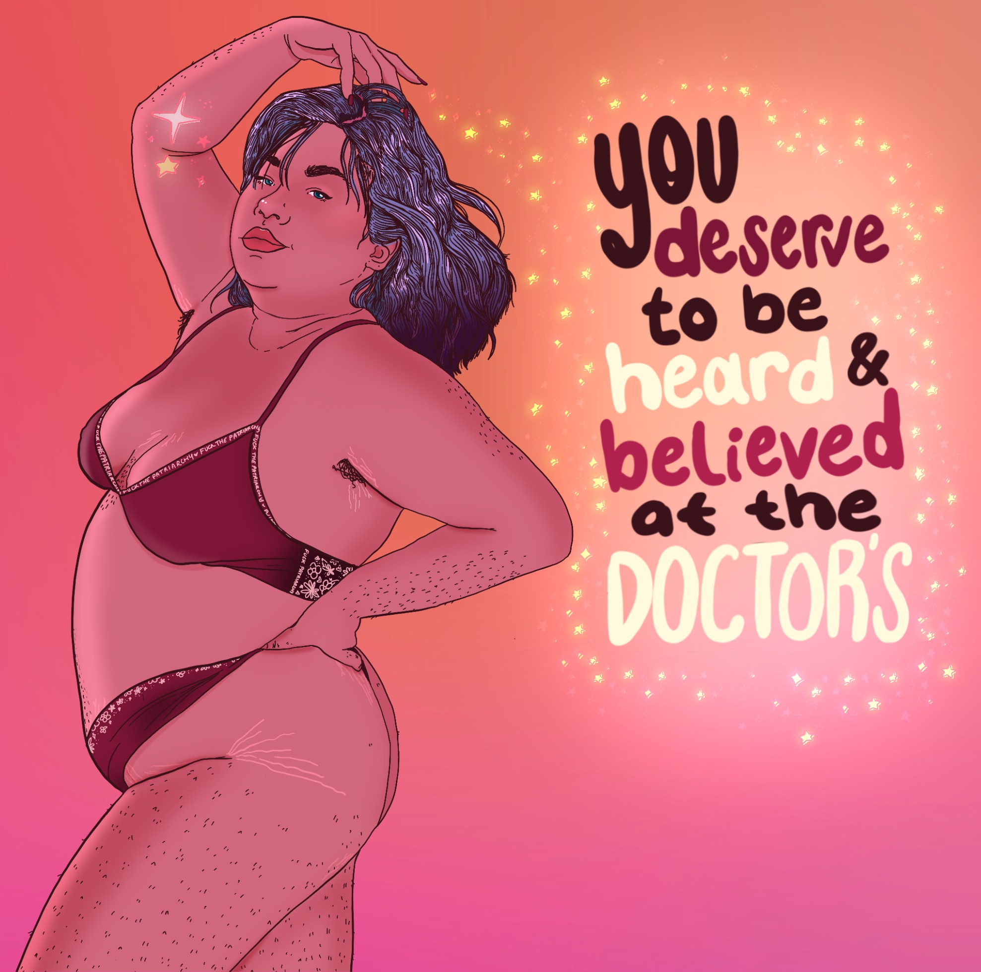 Illustration Liberal Jane, femme ronde en lingerie rouge, texte : "Tu mérites d'être écouté·e et cru·e chez le médecin".