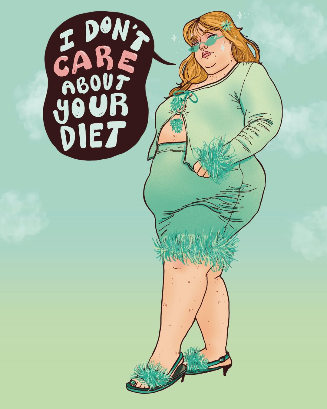 Illustration Liberal Jane, femme grosse en tenue pastel, texte : "Je me fiche de ton régime".