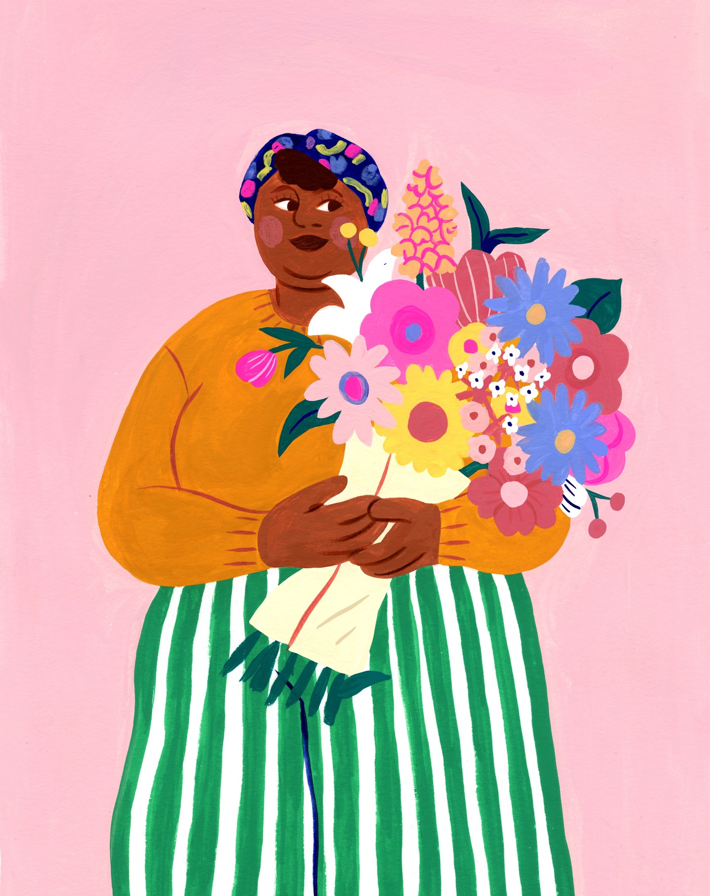 Illustration de Marie Boiseau représentant une femme tenant un grand bouquet de fleurs colorées, sur un fond rose pastel, dans un style vibrant et chaleureux.