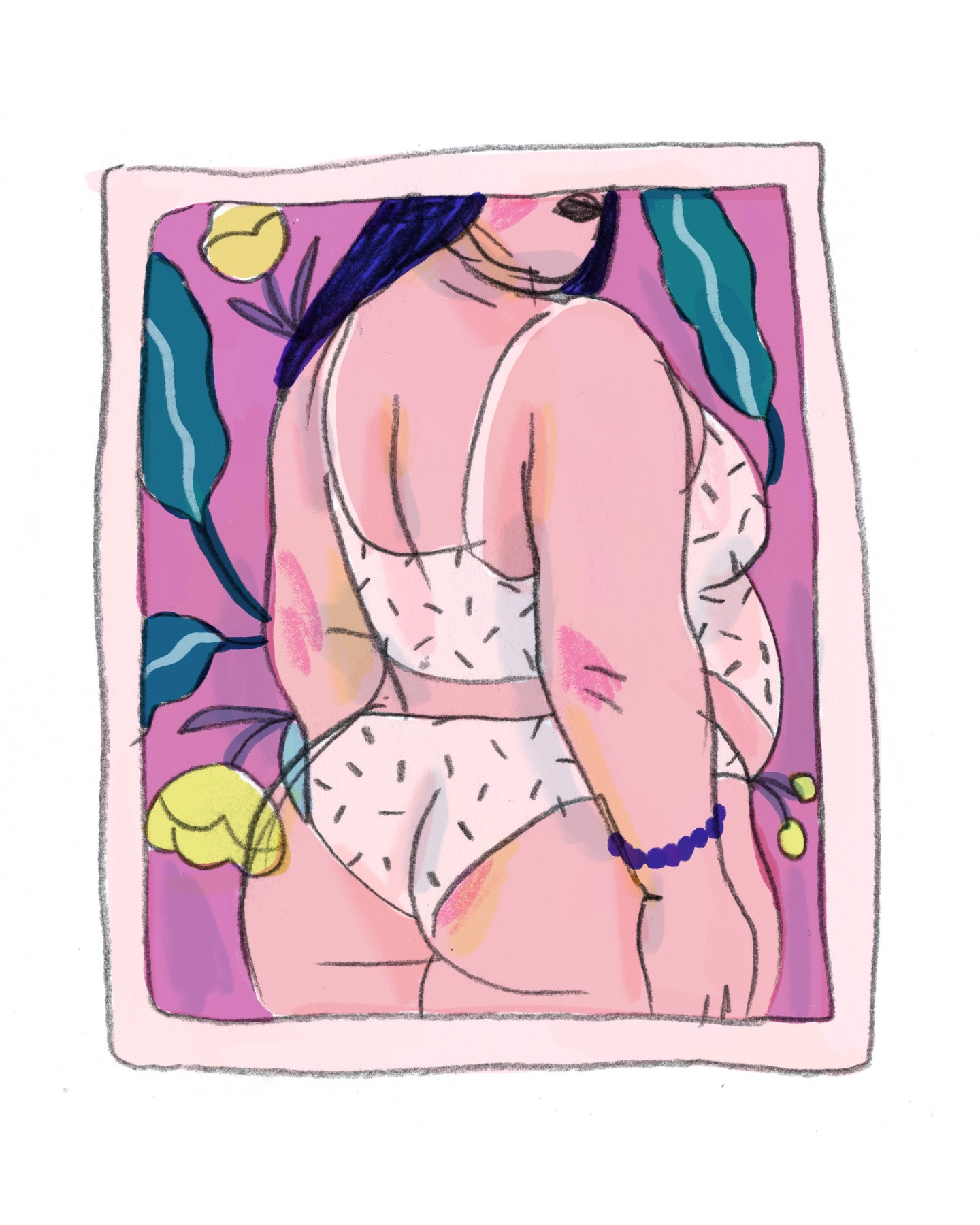 Illustration de Marie Boiseau représentant une femme aux formes généreuses, portant de la lingerie blanche, dans un cadre floral et intimiste aux tons rosés.