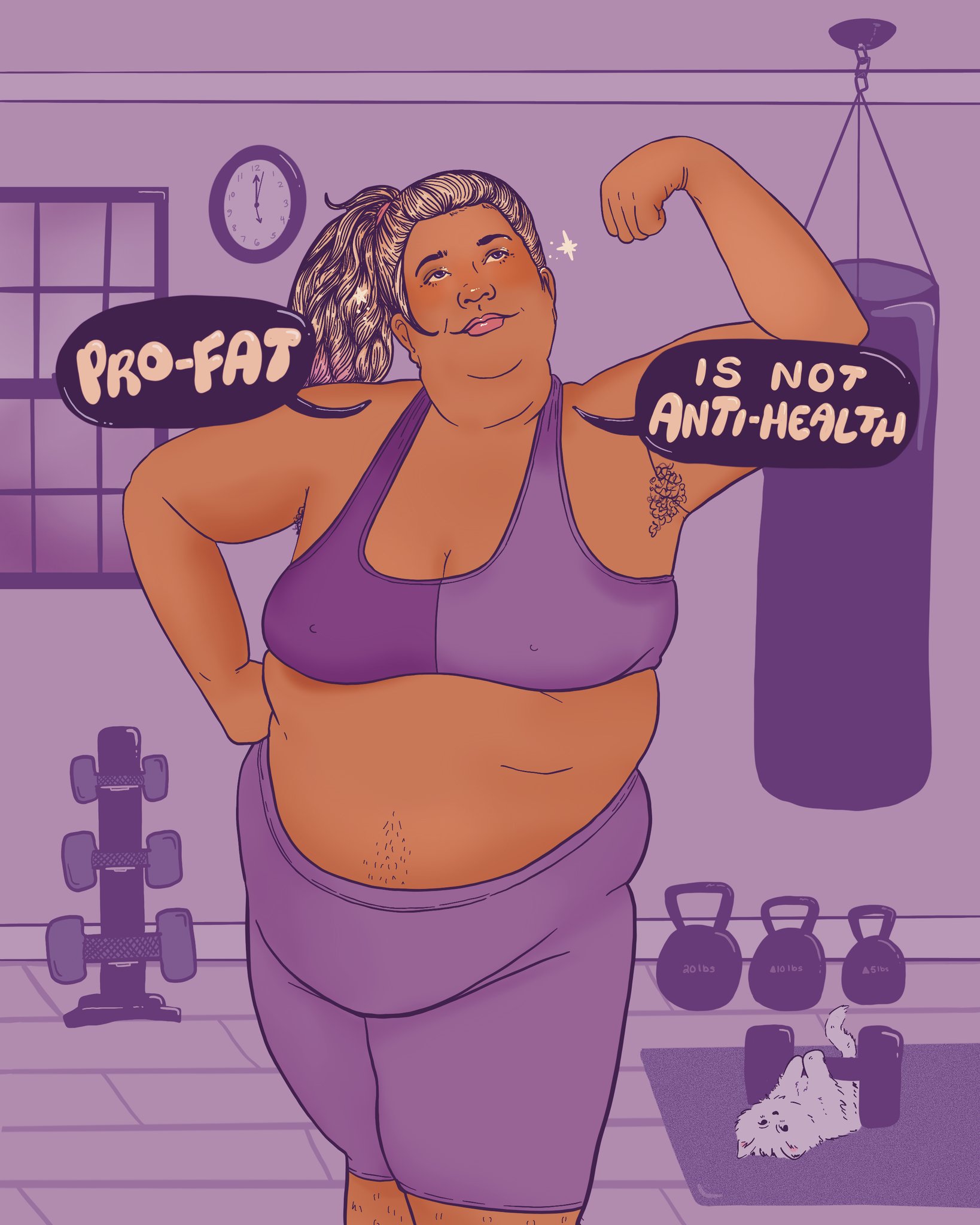Illustration Liberal Jane, femme grosse en tenue de sport violette, texte : "Être pro-grosseur ne signifie pas être contre la santé".