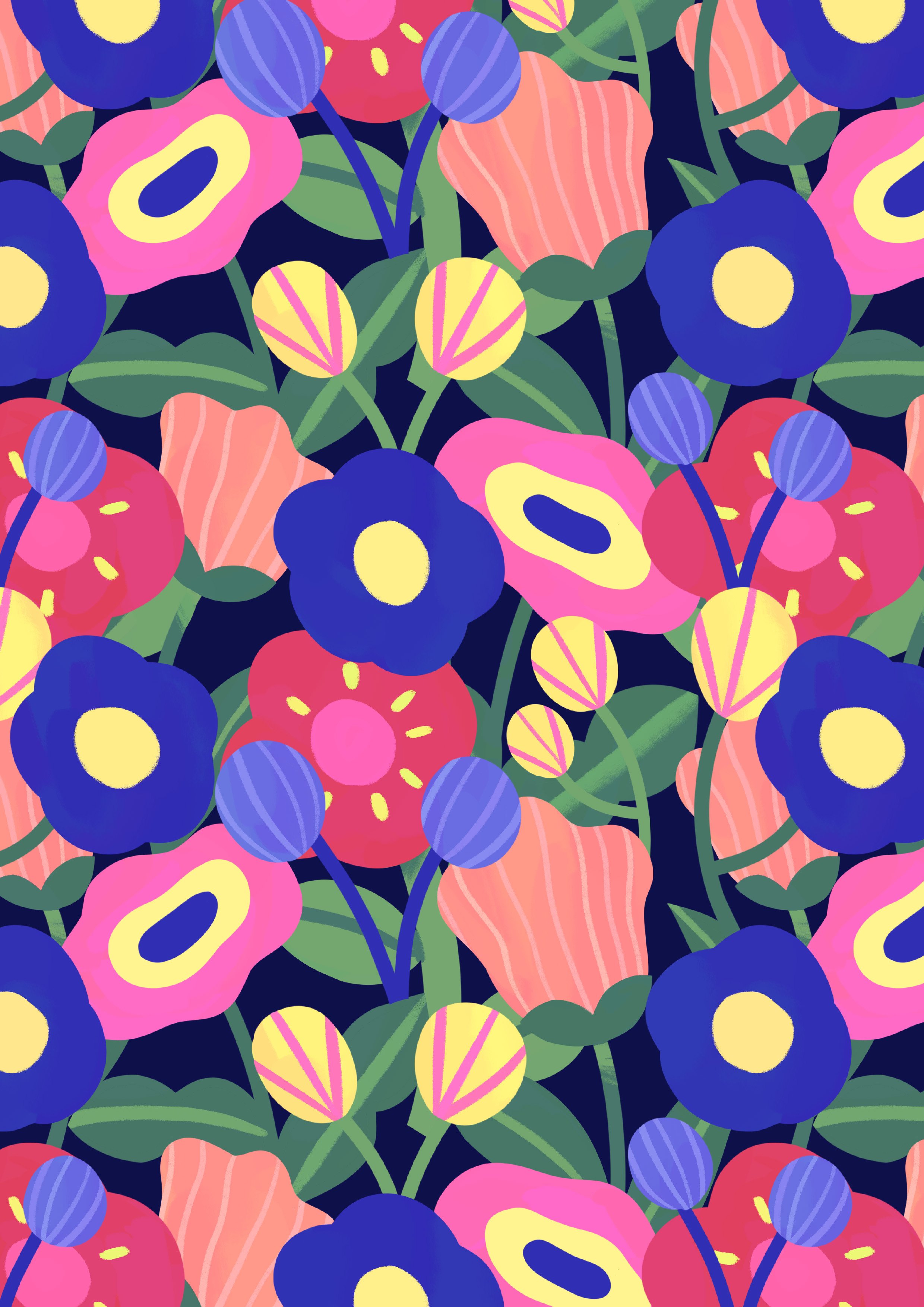 Illustration de Marie Boiseau représentant un motif vibrant de fleurs colorées et feuillages sur fond bleu nuit.