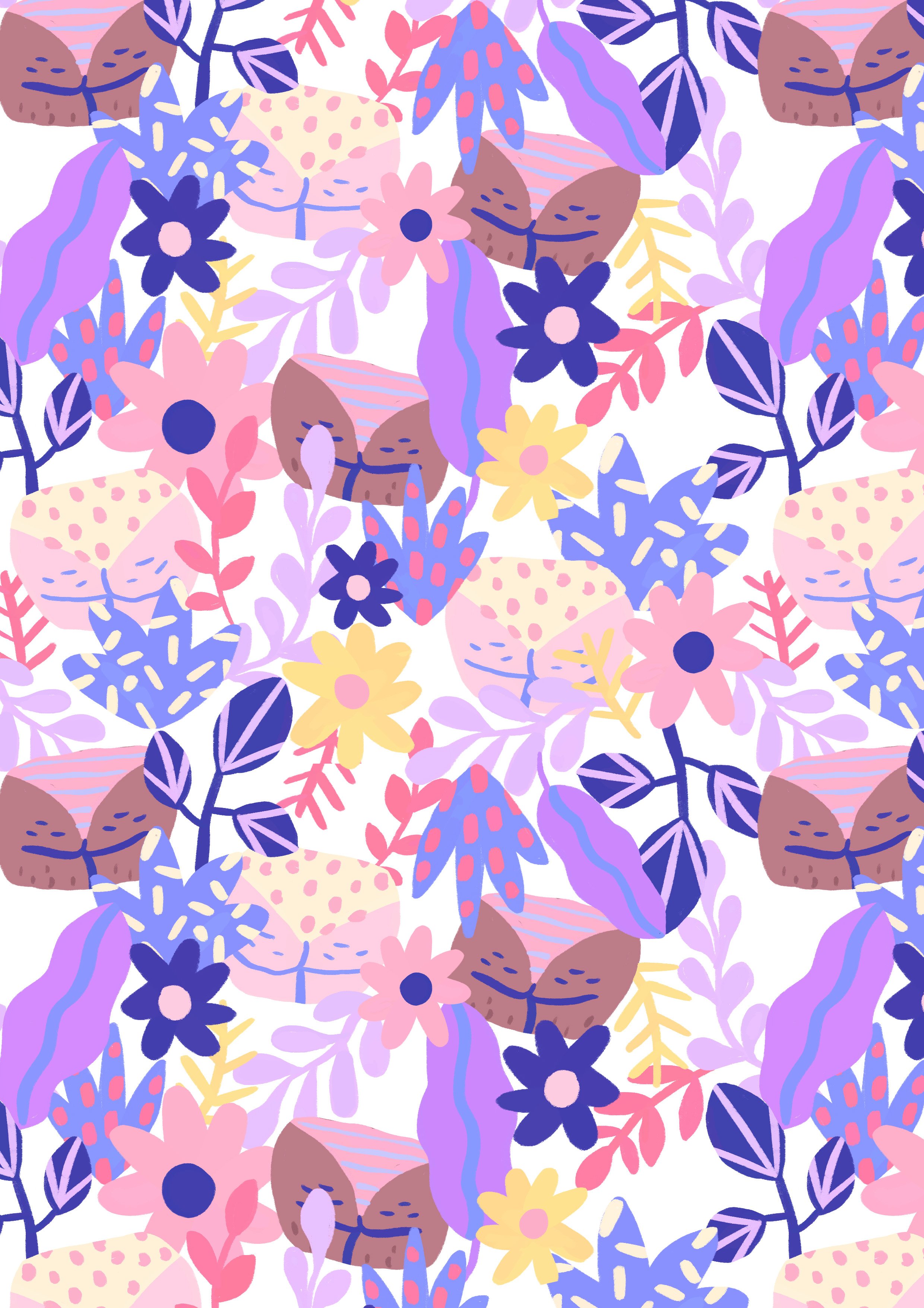 Illustration de Marie Boiseau représentant un motif combinant fleurs colorées et silhouettes de femmes en sous-vêtements sur fond blanc.