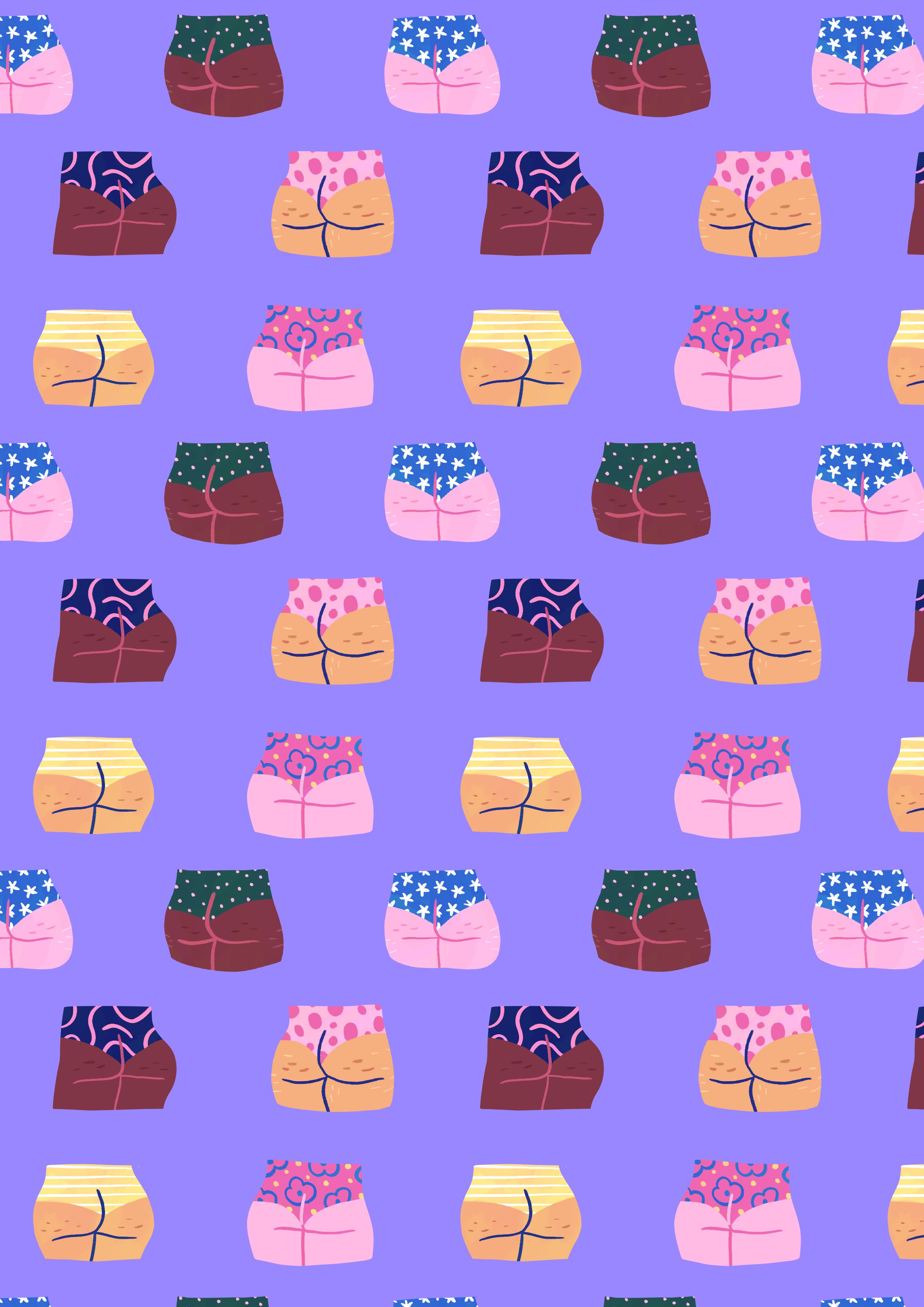 Illustration de Marie Boiseau représentant un motif répétitif de fesses en sous-vêtements colorés sur fond violet.