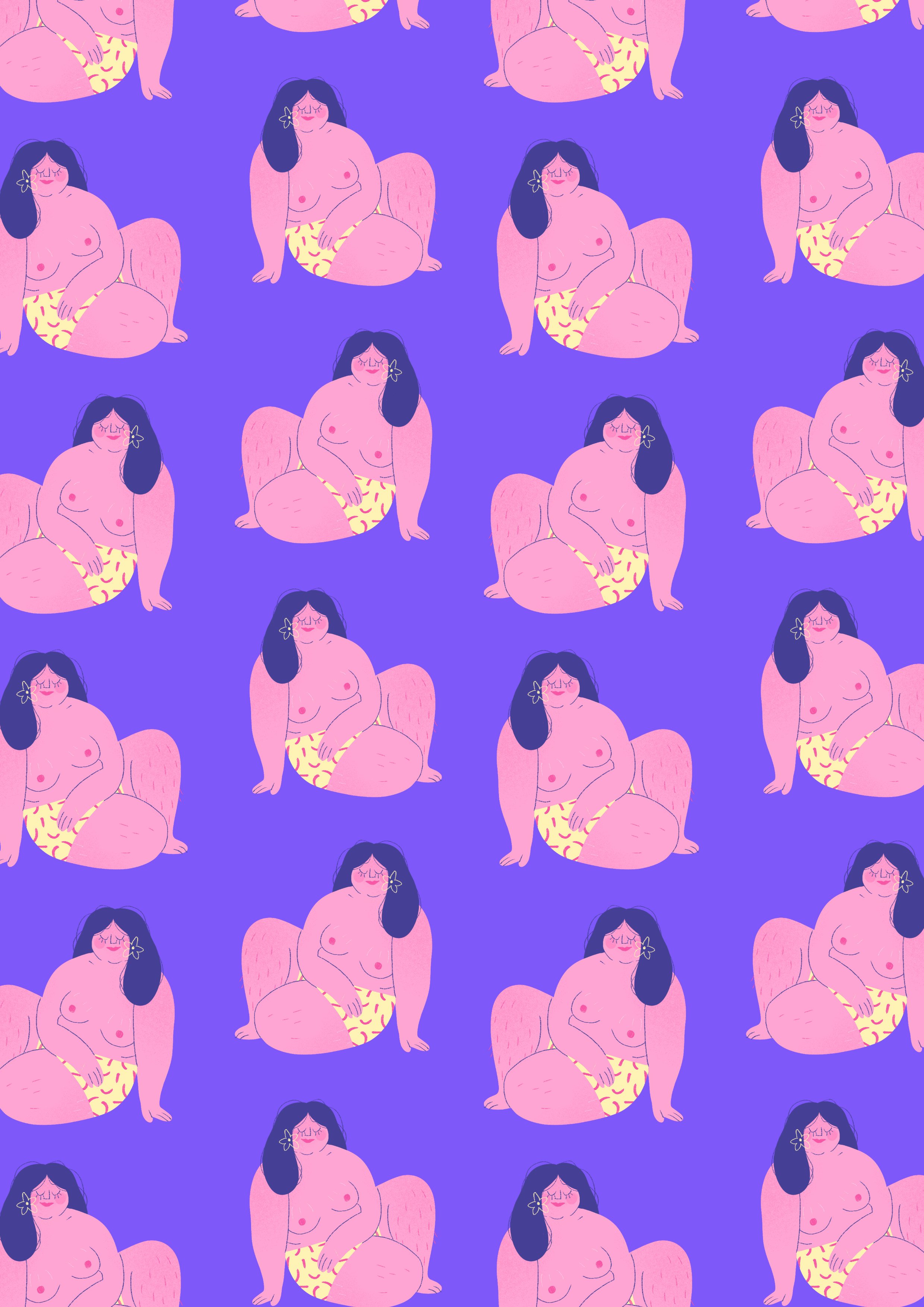 Illustration de Marie Boiseau représentant un motif répétitif de femmes aux formes généreuses, assises et détendues, sur fond violet.