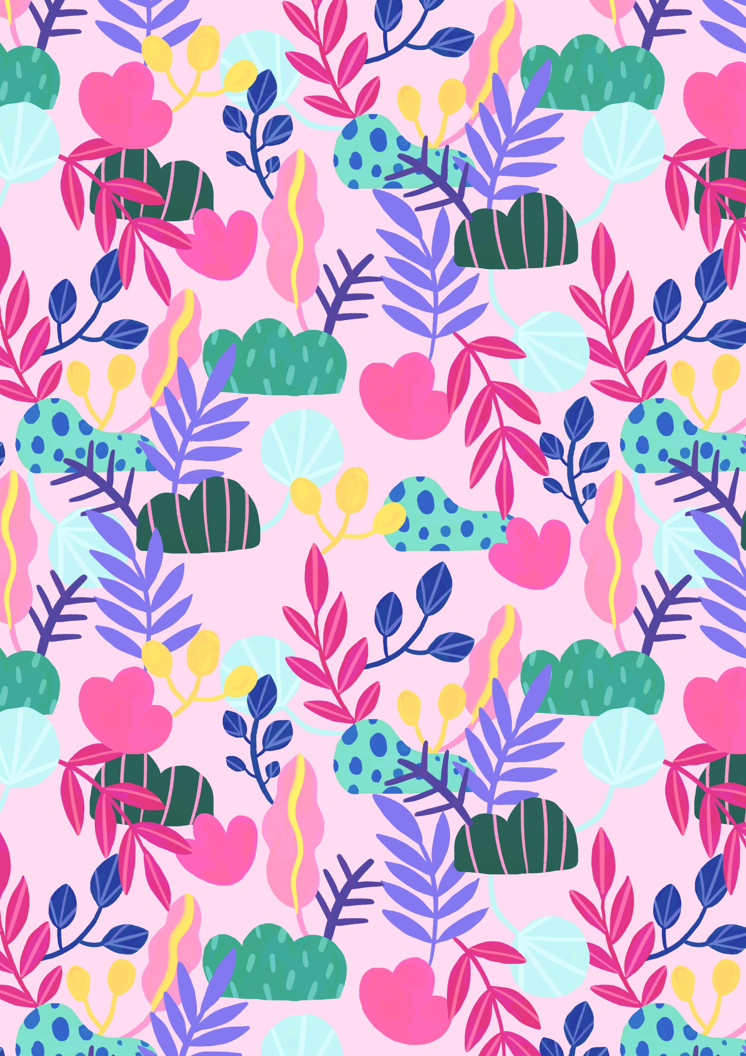 Illustration de Marie Boiseau représentant un motif foisonnant de plantes et feuillages aux couleurs vives sur fond rose pastel.
