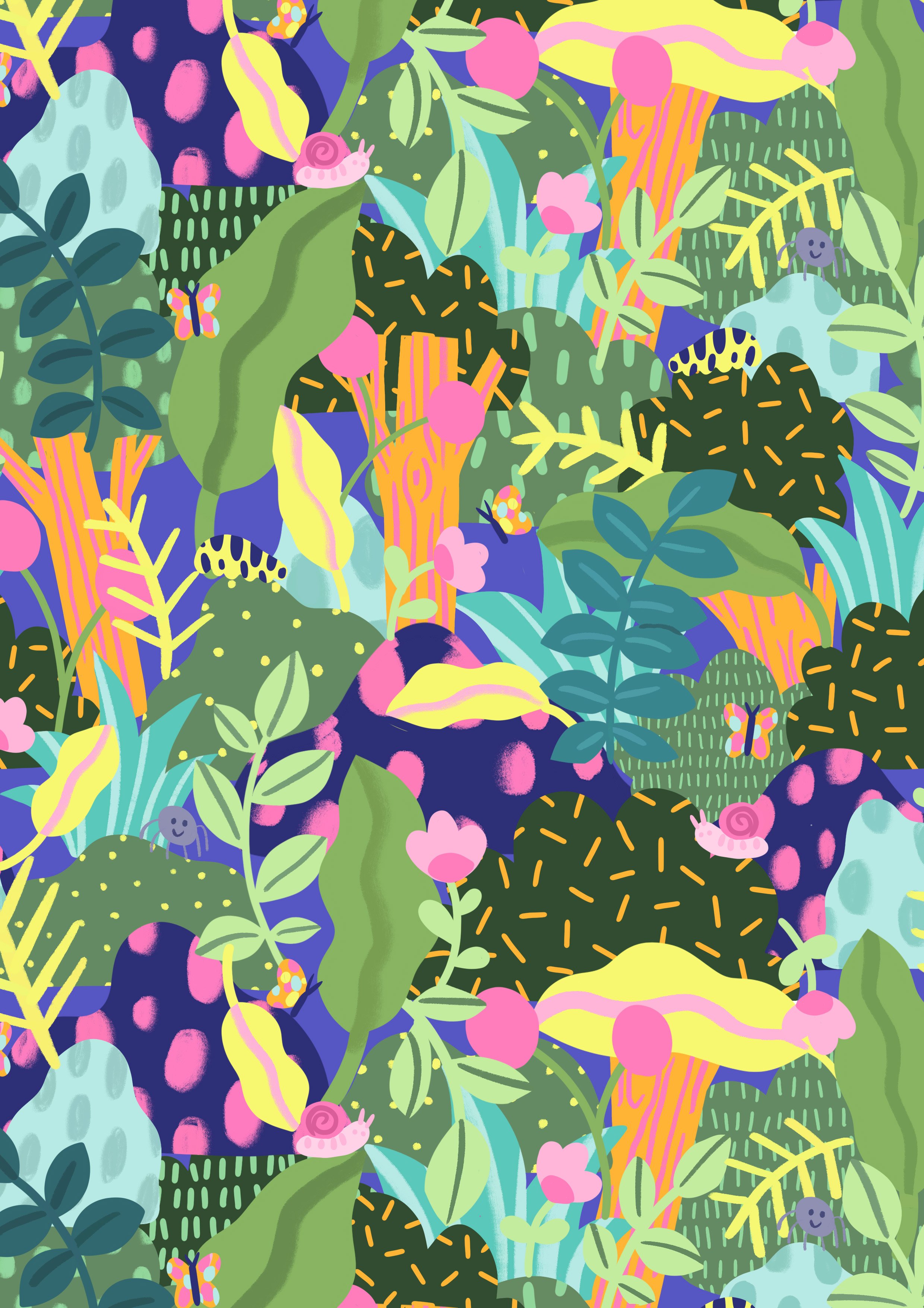 Illustration de Marie Boiseau représentant un motif luxuriant de jungle avec plantes, champignons et petits animaux cachés dans un décor détaillé.