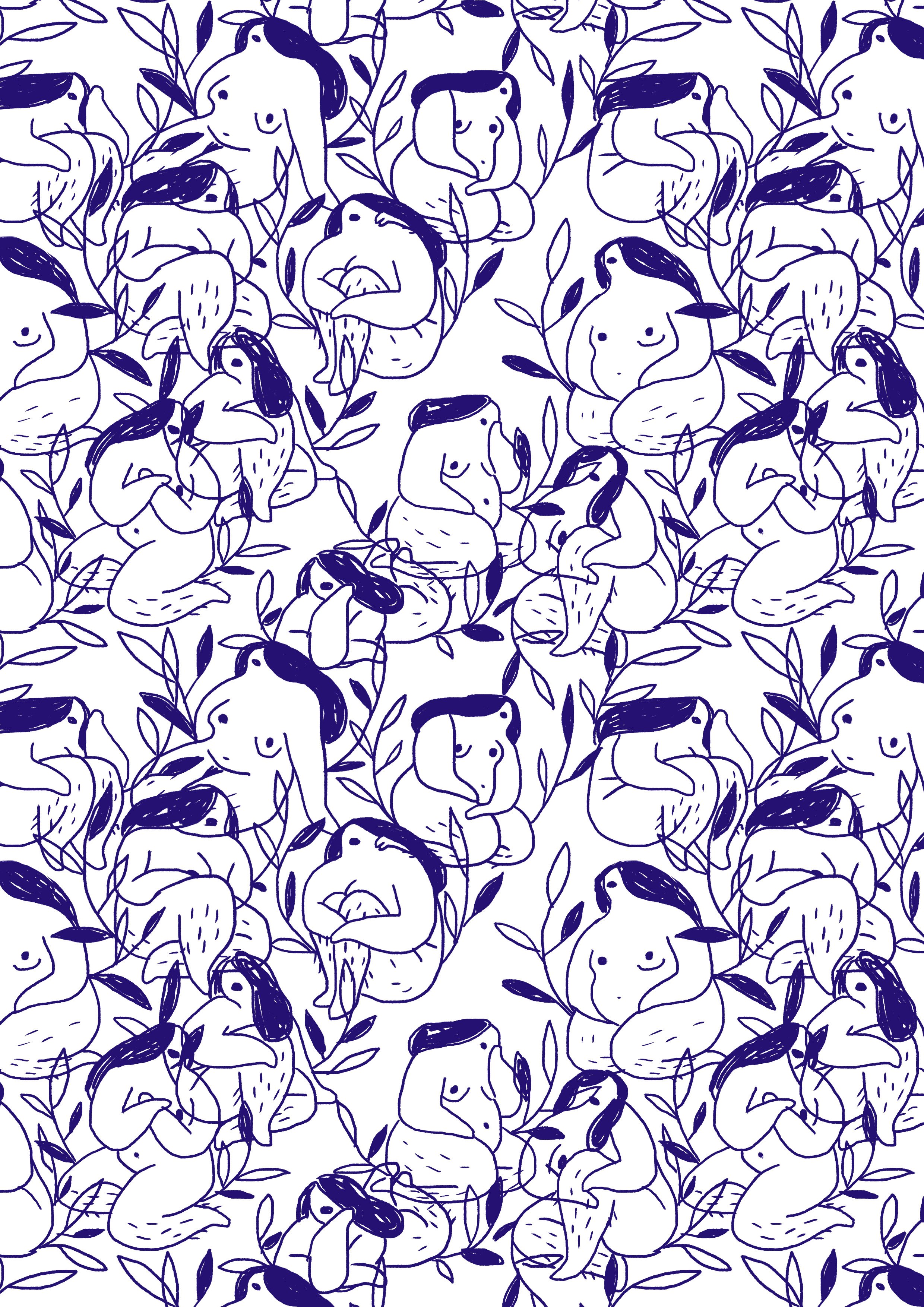 Illustration de Marie Boiseau représentant un motif monochrome de femmes nues assises, entrelacées parmi des feuillages, sur fond blanc.