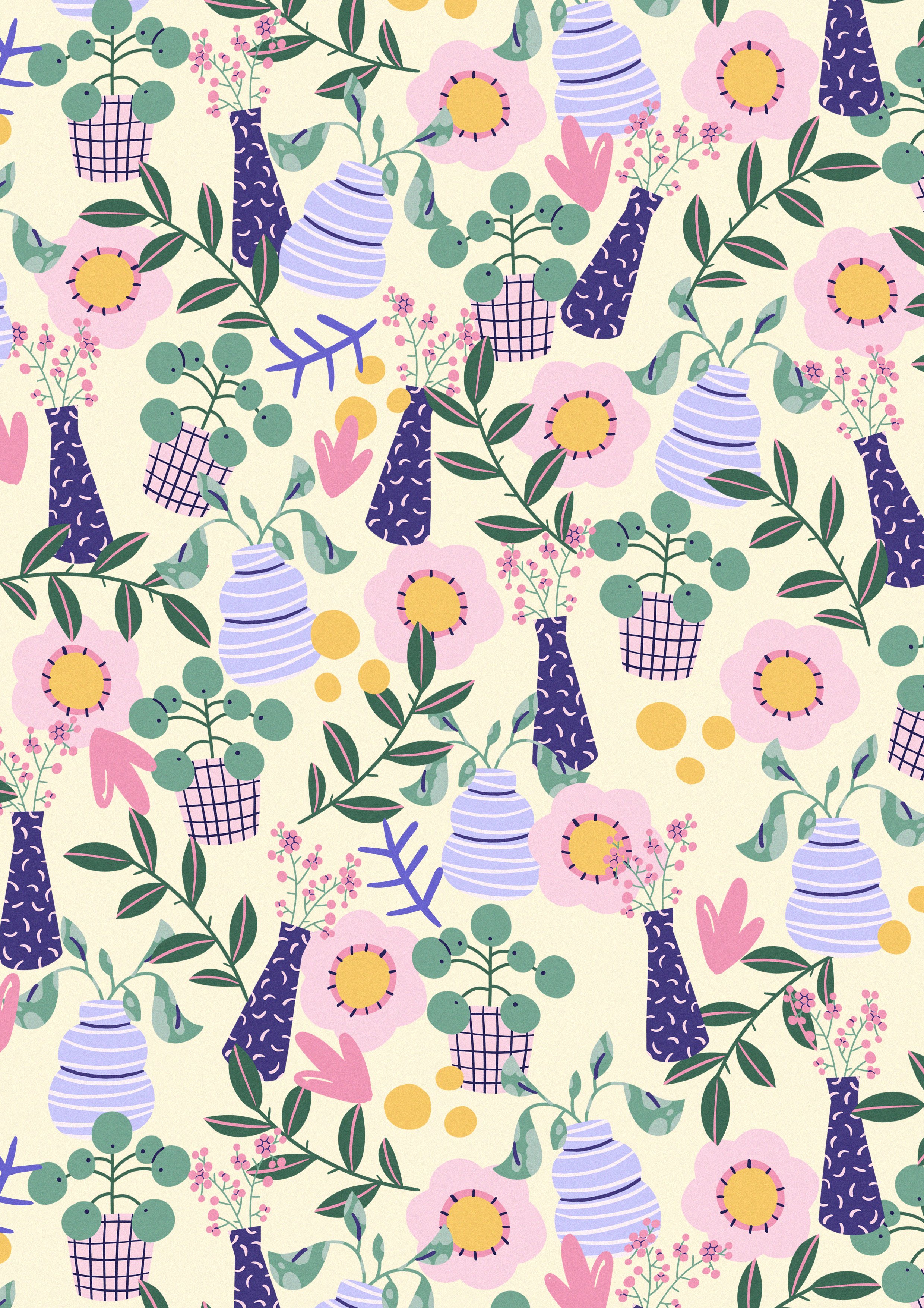 Illustration de Marie Boiseau représentant un motif de pots et vases remplis de plantes et fleurs délicates sur fond beige.