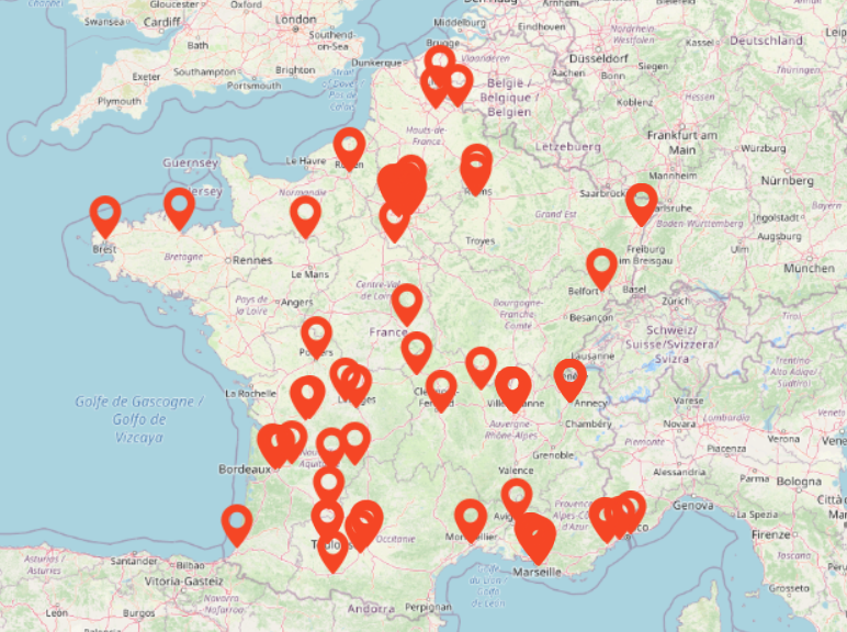 photographie d'une carte de France affichant en rouge les professionnel·les de santé signalé·es comme non safe pour les personnes grosses.