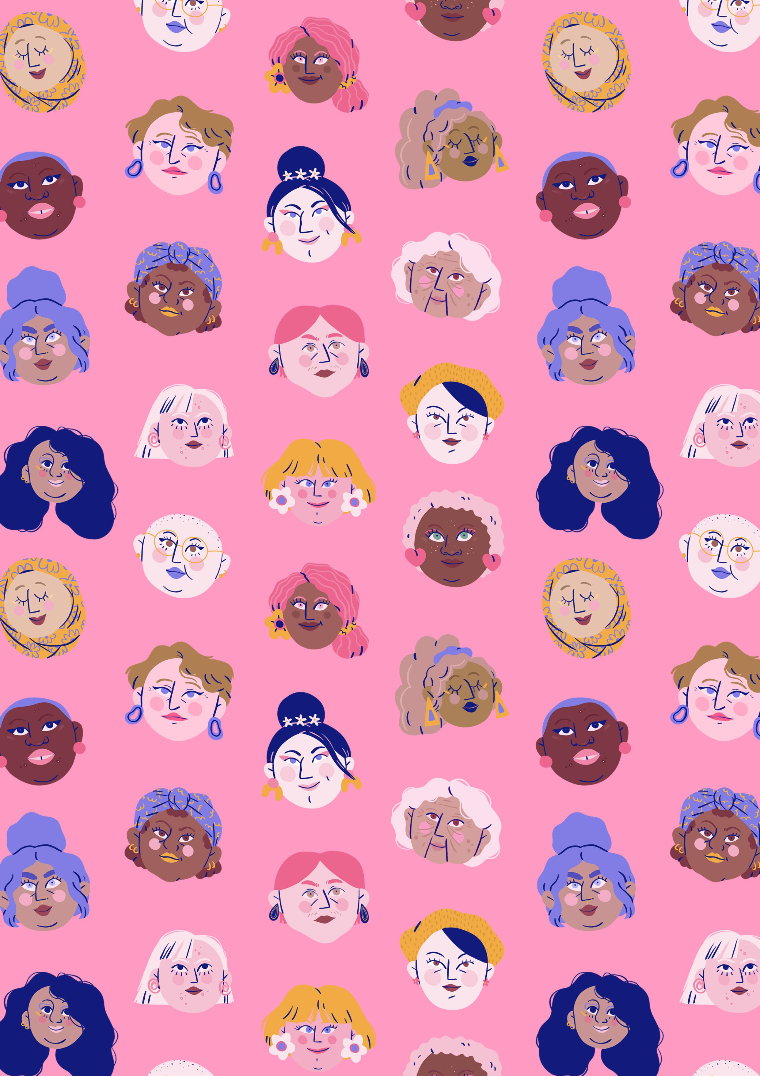 Illustration de Marie Boiseau représentant un motif répétitif de visages de femmes aux expressions variées, sur fond rose vif.