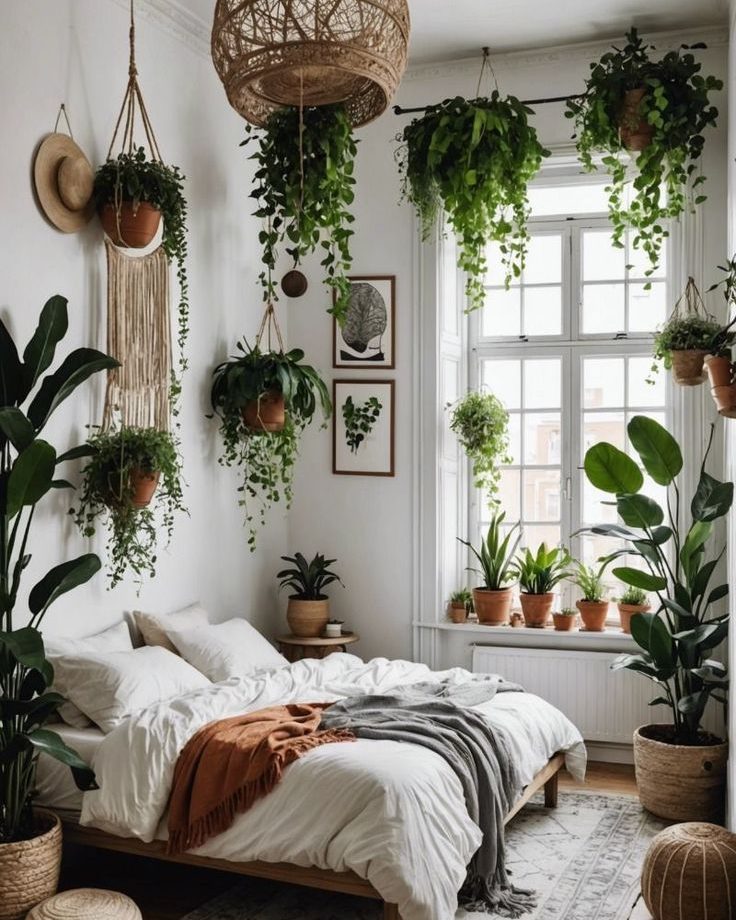 Chambre lumineuse cosy avec plantes